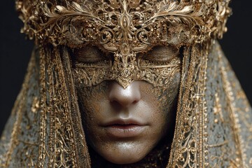 front view of a golden, veiled goddess wearing an intricate crown.