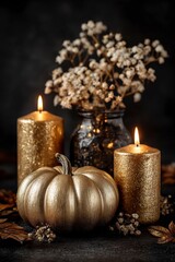 gold pumpkins and candles on a black background