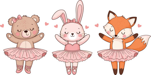 Adorable Ballerina Animal Set Featuring Bear Bunny and Fox in Pink Tutus and Ballet Shoes for Nursery Decor Girls Birthday and Dance Party Designs © Selim Studio