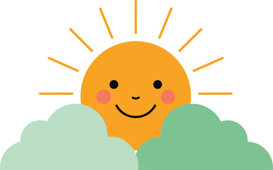 Fototapeta premium Cute Smiling Sun with Clouds Flat Weather Icon Illustration