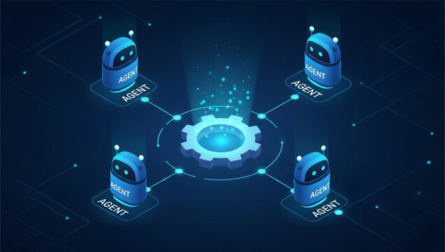 Four blue robots connected to a glowing gear on dark blue background with lines