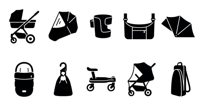 Various black silhouette icons representing baby care items including strollers, a car seat, bags, and a scooter, presented in a clean, modern graphic style