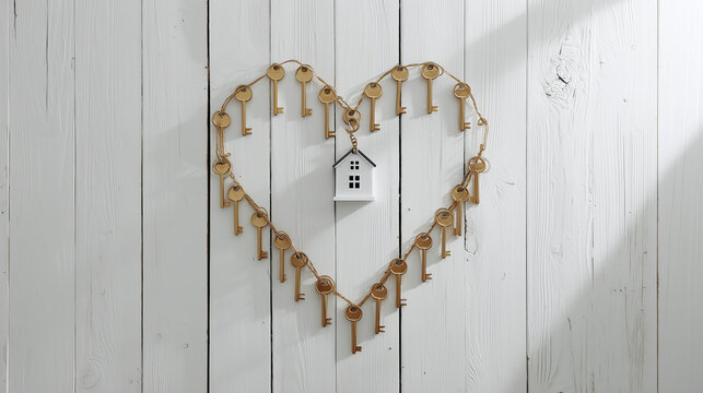 A heart shape composed of golden keys arranged on a white wooden background with soft sunlight and sparkles. The central key has a house tag, representing concepts of love, home, security, and real es