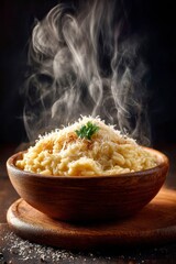 steaming risotto with parmesan cheese on top, against a dark background with a shallow depth of field