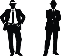 Businessman silhouette set with confident standing poses, formal suit and hat, minimalist corporate character illustration isolated on white background design