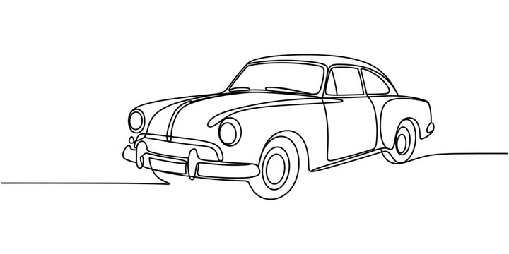 One single line drawing of old retro vintage auto car. Classic transportation vehicle concept. Vintage racing car driving on dusty road. Continuous line draw design illustration