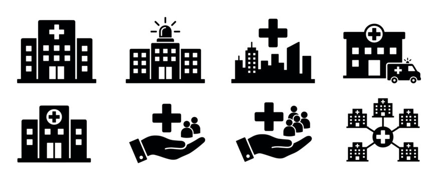 Eight black silhouette medical and healthcare icons representing hospitals, emergency services, community care, and health networks in a clean, modern vector graphic style