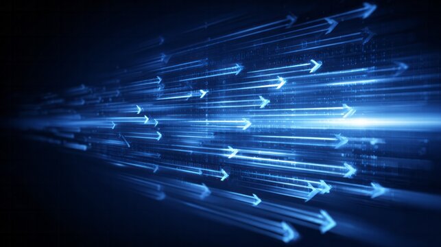 Many glowing blue arrows move rapidly forward in a digital stream.