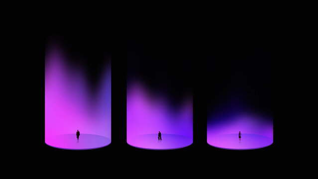 Minimalist composition business figures under purple spotlight stages. Concept of career change strategy, professional positioning, talent selection, executive evaluation and corporate promotion.