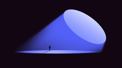 Dramatic poster businessman reaching toward illuminated oval spotlight. Concept of startup launch...