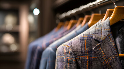 Fototapeta premium Tailored business suits hanging on hangers in shop