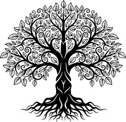 Obraz premium Intricate Ornamental Tree Silhouette - Stylized Swirl Nature Pattern and Botanical Art Vector