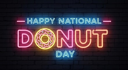 Obraz premium Happy national donut day neon sign on brick wall background