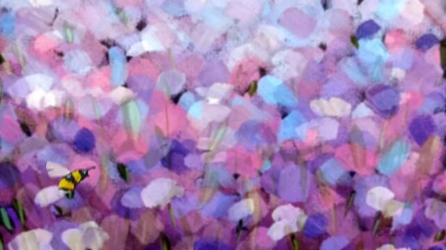 tireless bee collects sweet nectar in a flower meadow, as if dancing over the flowers, art animation, loop
