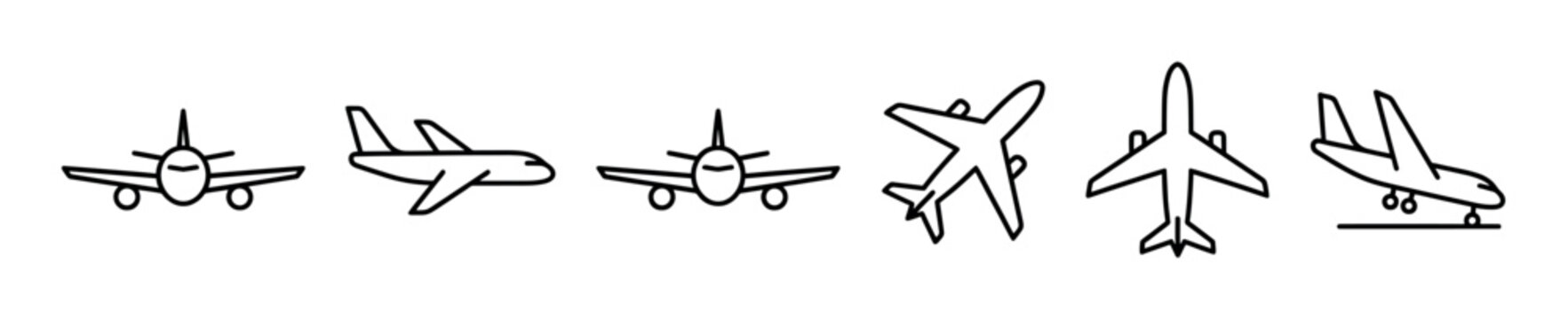 Six simple black outline airplane icons are displayed in a row, featuring various perspectives like front, side, top, and landing views, rendered in a clean, minimalist line art style