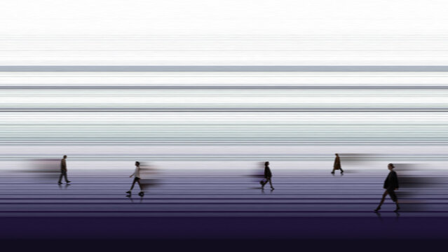 Dynamic mixed media professionals walking in horizontal motion blur. Concept of fast paced digital economy, workforce mobility, career transition and modern corporate landscape.