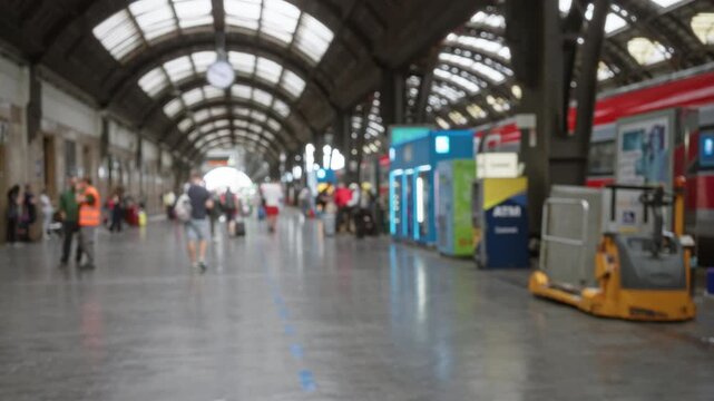 Blurry train concourse with soft bokeh and defocused arching roof at station; background backplate copyspace calm.