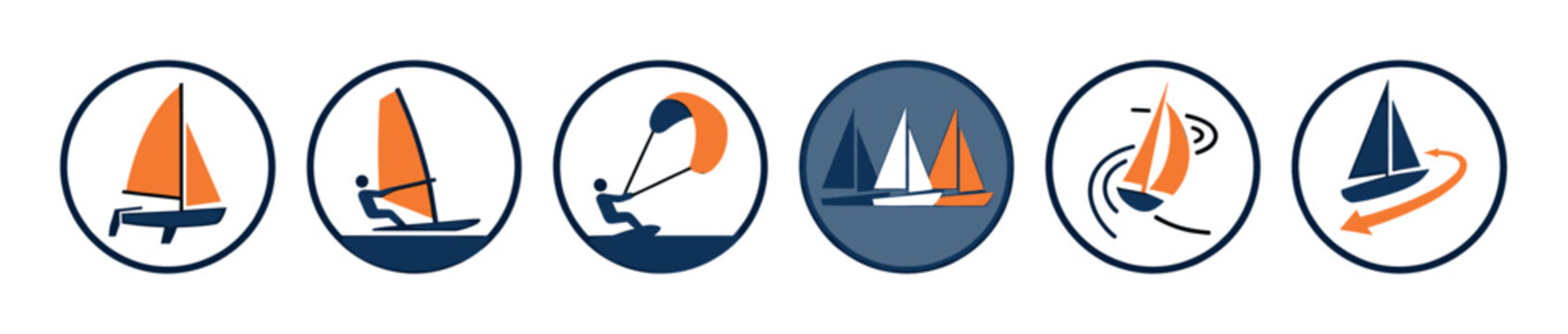 Six stylized blue and orange sailing icons illustrate various water sports activities like windsurfing, kitesurfing, and traditional sailing, presented in a clean, modern graphic design style