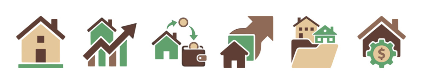 Six flat graphic house icons illustrate real estate concepts like property growth, financial investment, and home management with earthy colors and clean lines