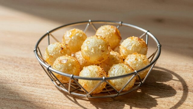 A bowl of fried eggs on a wooden tableA silver basket filled with fried eggs on a wooden tableFried eggs