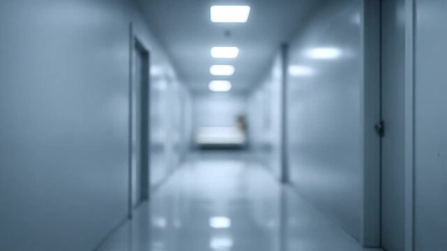 A blurry, empty hospital corridor with a bed at the far end.