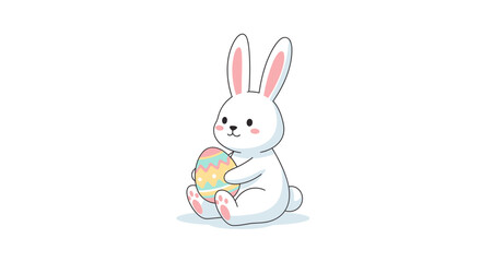 Obraz premium A cute white cartoon Easter bunny sitting and holding a decorated pastel-colored egg on a plain white background, symbolizing spring holidays.