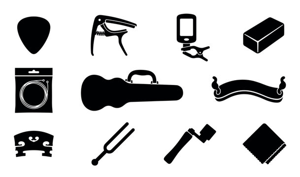 Various black silhouette musical instrument accessories are neatly arranged, showcasing essential tools like a pick, capo, tuner, strings, and case in a clean, graphic illustration style
