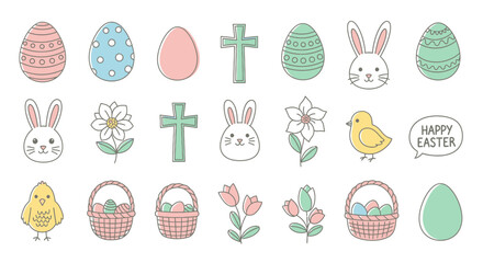 Collection of pastel Easter illustrations featuring eggs, bunnies, chicks, crosses, flowers, and baskets, perfect for holiday designs and spring celebrations.