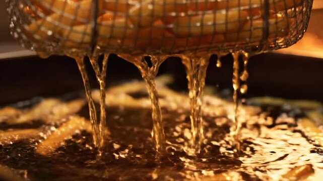 Close-up of french fries cooking in hot oil in a deep fryer basket