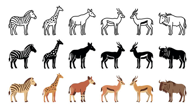 Diverse African safari animals depicted in three distinct illustration styles, featuring zebras, giraffes, okapis, gazelles, and wildebeests in outline, solid black, and flat color designs