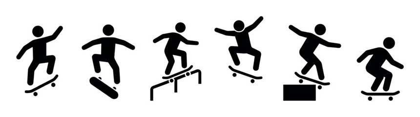 Six black silhouette skateboarder icons performing various tricks, including grinding a rail, jumping, and riding, depicted in a clean, minimalist graphic style