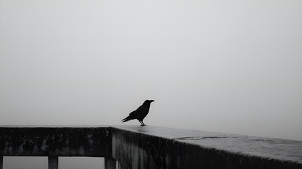 Fototapeta premium Black bird standing on concrete wall in thick fog