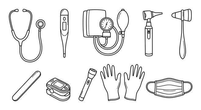 Various essential medical examination tools and equipment are neatly arranged in a clean, simple black and white outline illustration, conveying a professional healthcare theme