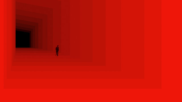 Bold artwork businessman walking through infinite red layered corridor. Concept of high risk startup launch, market competition pressure and aggressive business growth strategy.