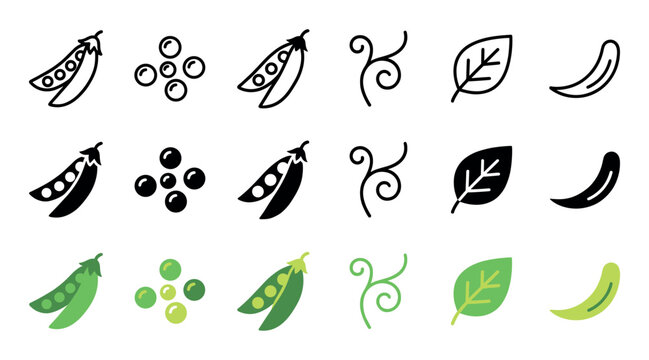 Collection of pea plant vector icons showcasing outline, solid, and colored styles for pods, loose peas, leaves, and tendrils, presented in a clean, illustrative design