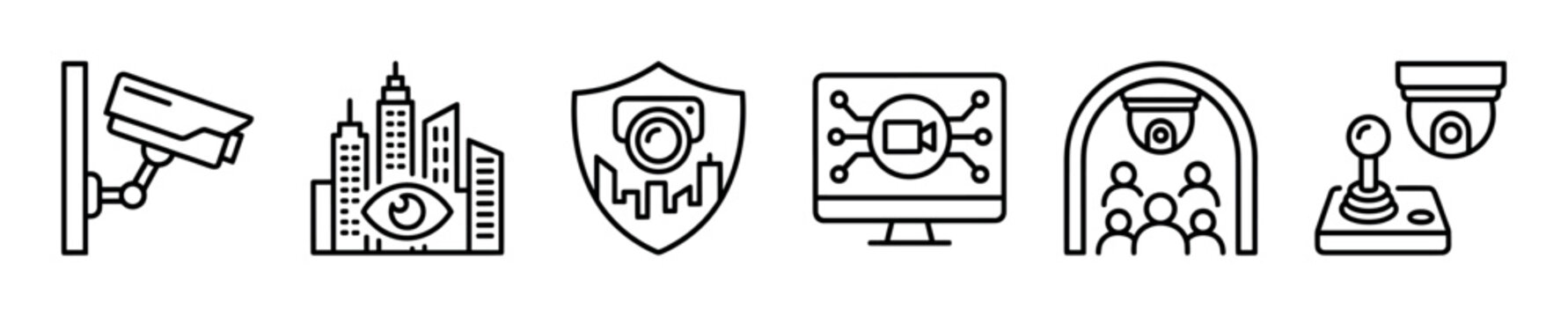 Various black outline surveillance security camera icons depict modern monitoring systems and urban protection concepts in a clean, minimalist vector style