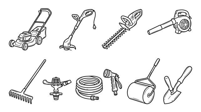 Various essential gardening tools and equipment are neatly arranged in a clear, illustrative line art style, depicting common items for yard work and landscaping