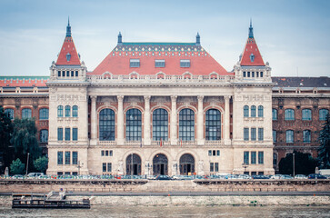 Naklejka premium Budapest, Hungary - September 17, 2014: View of the city landmarks. Budapest University of Technology and Economics on the Buda riverside of the Danube.
