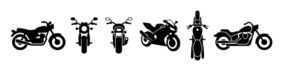 Fototapeta premium Six black silhouette motorcycles in various views, including classic, cruiser, and sport bike styles, presented as clean, graphic icons