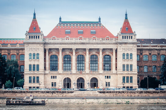 Budapest, Hungary - September 17, 2014: View of the city landmarks. Budapest University of Technology and Economics on the Buda riverside of the Danube.