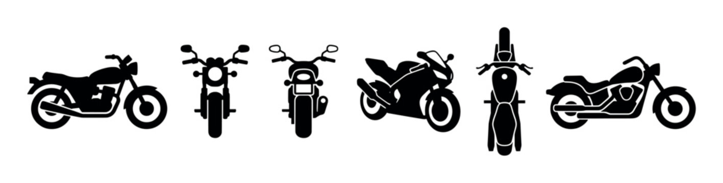 Six black silhouette motorcycles in various views, including classic, cruiser, and sport bike styles, presented as clean, graphic icons