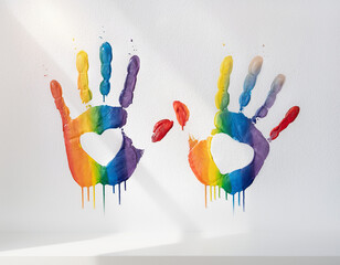 Rainbow LGBT pride painted handprints, diversity, inclusion and respect concept