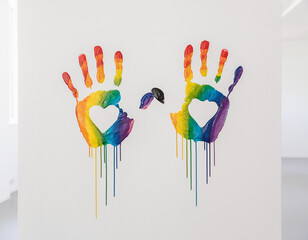 Rainbow LGBT pride painted handprints, diversity, inclusion and respect concept
