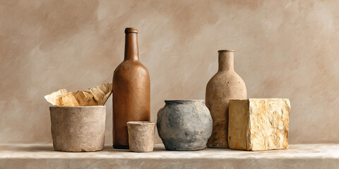 Rustic still life arrangement of earthenware pottery, bottles, and textured paper on a neutral background, evoking a sense of natural, organic, and artisanal craftsmanship