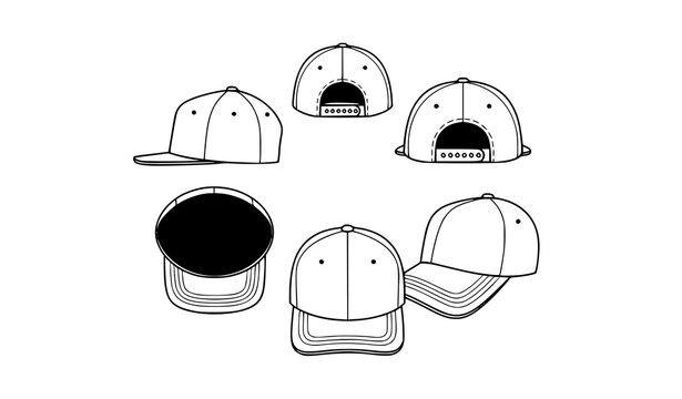 Minimal flat white snapback caps side top and angled views isolated on white background vector set