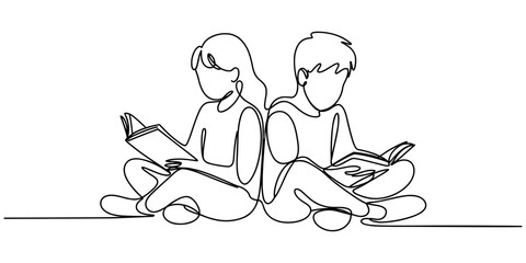 Children read book continuous one line drawing. Continuous single drawn one line boy and girl reading book drawn by hand picture silhouette. Line art. Back to school concept. © Creative Tania