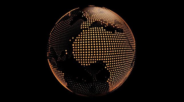 A rotating globe made of small orange dots in a halftone / dot-matrix style, high contrast black and white. The Earth is centered on a pure black background. Continents are clearly visible, formed by 