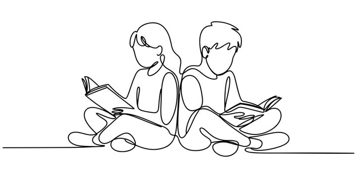 Children read book continuous one line drawing. Continuous single drawn one line boy and girl reading book drawn by hand picture silhouette. Line art. Back to school concept.
