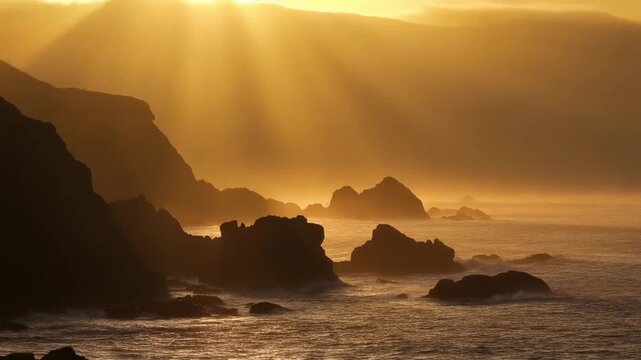 Breathtaking Golden Rays Over Majestic Ocean with Crashing Waves and Rugged Rocks Creating Tranquil Coastal Serenity