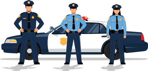 Police Officers Standing in Front of Patrol Car Vector Illustration Set Featuring Male and Female Law Enforcement Characters in Uniform for Security and Safety Design © Selim Studio